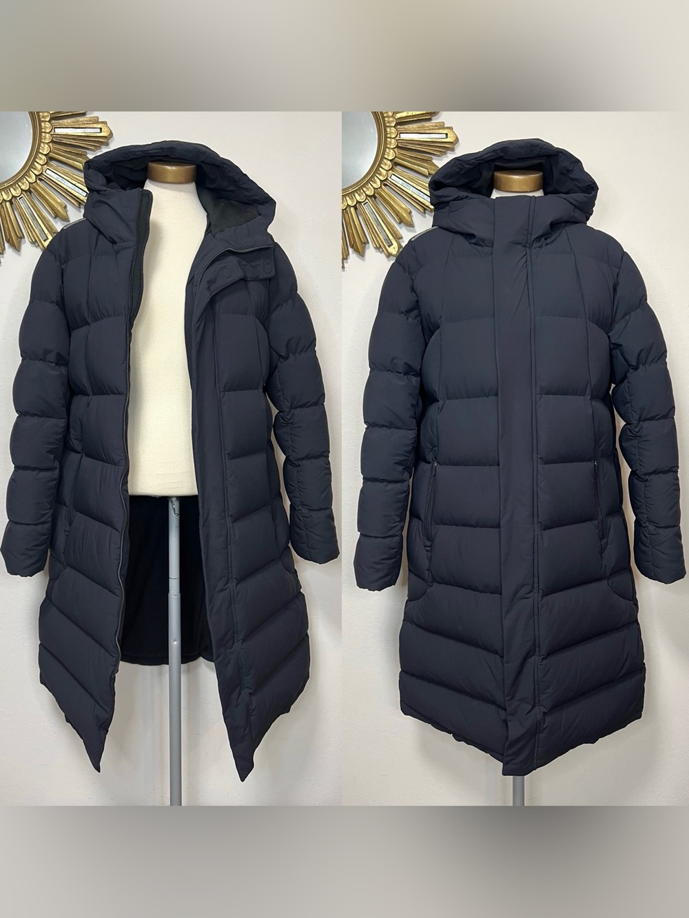 W. ANGLE Scandinavian Down Black Long Parka Puffer Coat with Hood